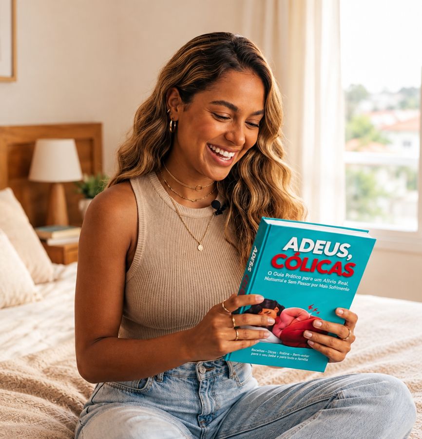 Mulher sorrindo enquanto lê o e-book Adeus, Cólicas na cama